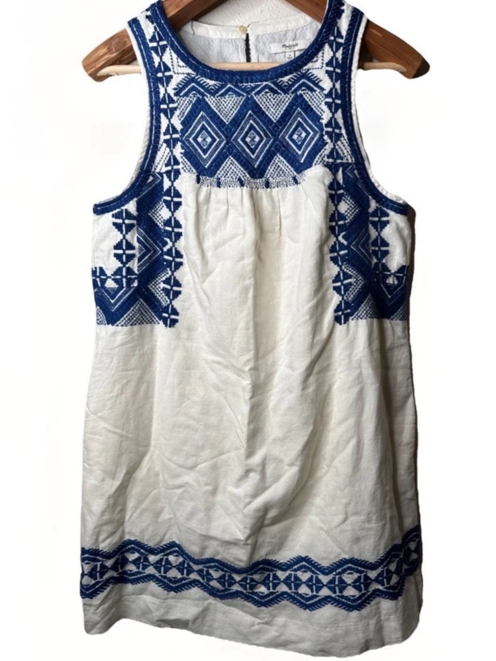 Madewell Blue & White Embroidered  Dress w Pockets Cotton Lined Medium C5813 - Picture 2 of 8